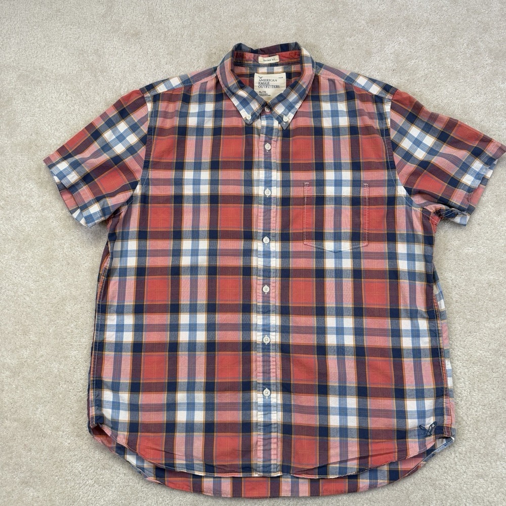 American Eagle Plaid Shirt Mens XL Red Vintage Fit Button Short Sleeve